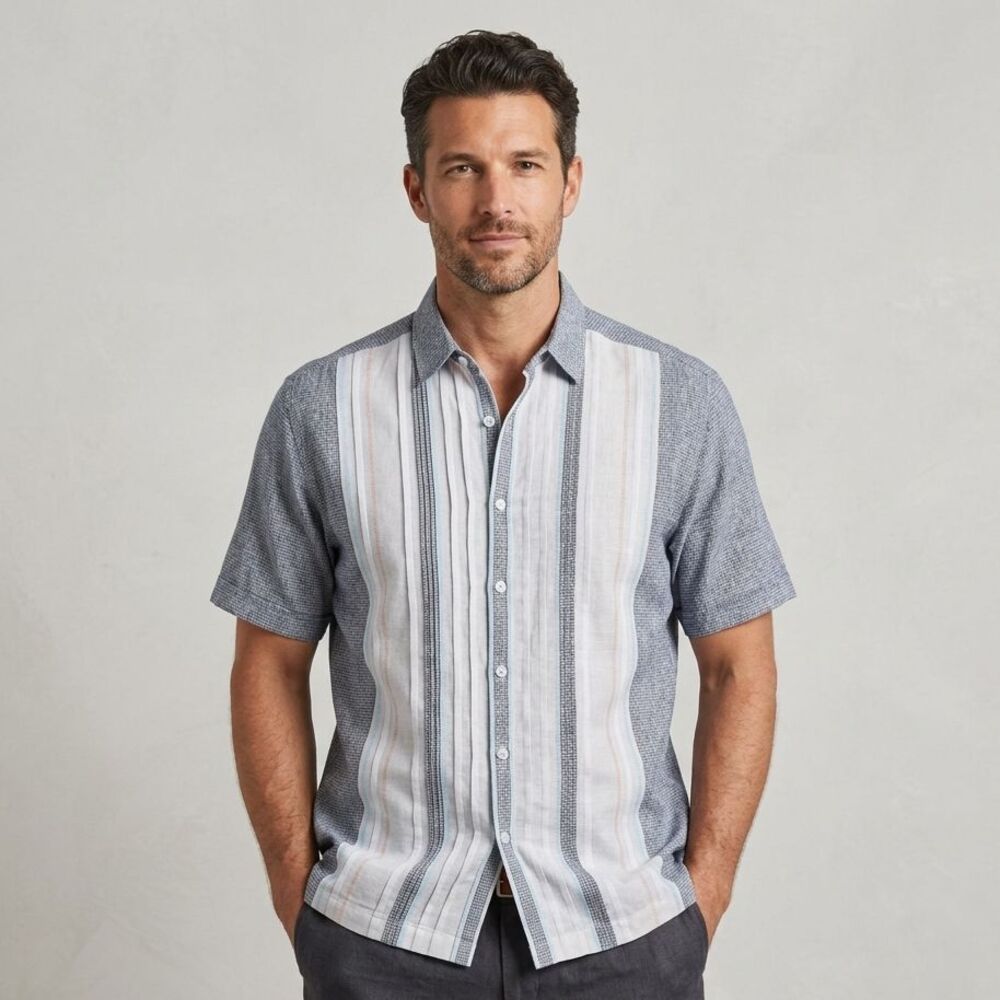 Cubavera Guayabera Panel Shirt Mens XL Linen Blend Striped